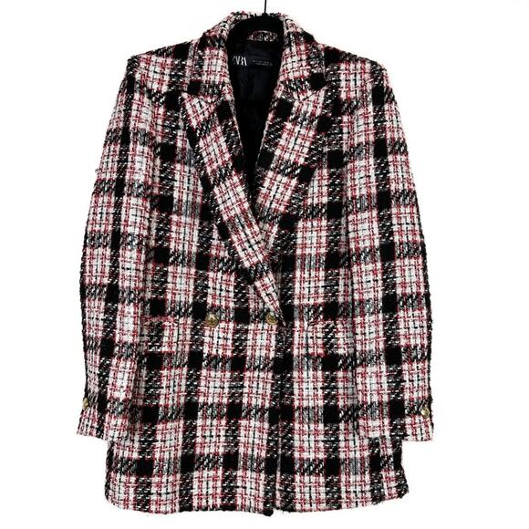 Zara Blogger Black Red Tweed Plaid Double Breasted Blazer. - Picture 7 of 16